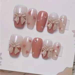 Elegant Bow & Heart 3D press on Nail Set cream French tip reusable 10 pc NWT